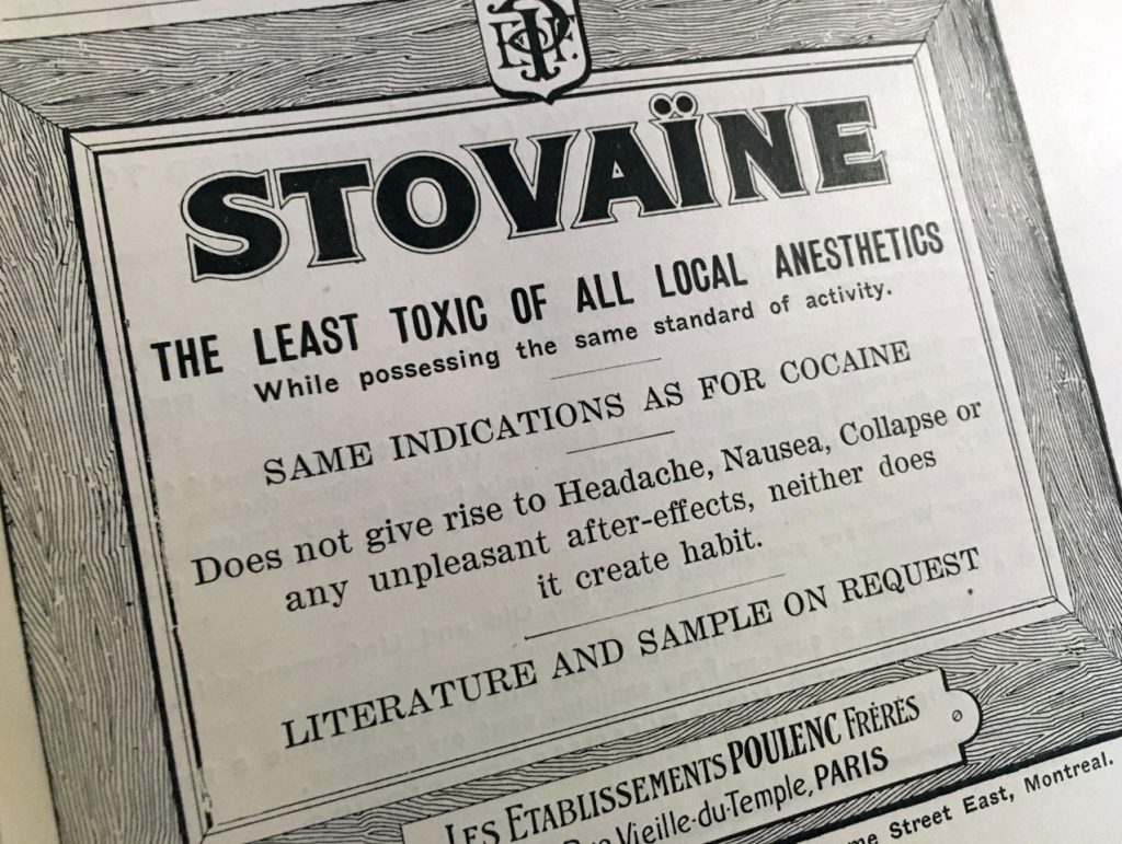 Substitut de la cocaïne, avec une toxicité moindre et des effets secondaires réduits, l’amylocaïne est le premier anesthésique local de synthèse médicalement exploitable. Découvert en 1903, il a été breveté sous le nom de Stovaïne - Canadian Medical Directory, 1919.