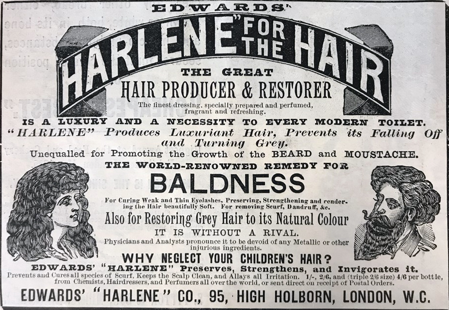 Ce n'est pas d'hier qu'existent les produits miracles contre la calvitie ! - The Illustrated London News, Londres, 1896.